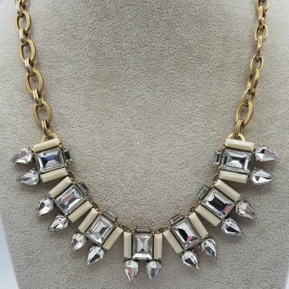J Crew Clear Crystal White Stone Art Deco Necklace - Picture 4 of 12